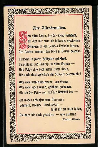AK Die Allerärmsten, Zur Erinnerung an die Volksspende für die deutschen Kriegs- und Zivil-Gefangenen 1916