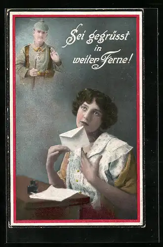 AK Sei gegrüsst in weiter Ferne!, Frau schreibt einem Soldaten