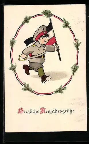 AK Kleiner Soldat mit Fahne, Kinder Kriegspropaganda, Neujahrsgruss