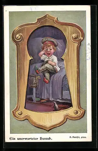 AK Ein unerwarteter Besuch, Kleiner Soldat im Bett mit Maus, Kinder Kriegspropaganda