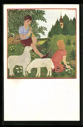 AK Junge mit Flöte, Mädchen und Schafen auf Blumenwiese, Rotes Kreuz