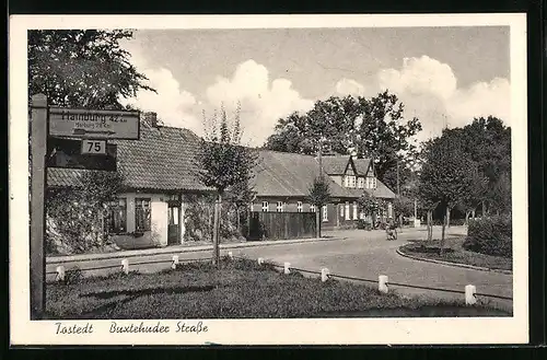 AK Tostedt, Buxtehuder Strasse mit Wegweiser nach Hamburg