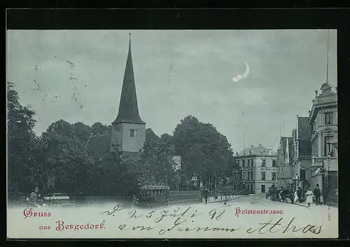 Mondschein-AK Hamburg-Bergedorf, Holstenstrasse mit Hotel Stadt Lübeck und Kirche