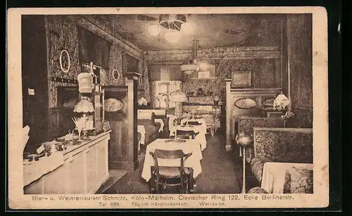 AK Köln-Mülheim, Bier- und Weinrestaurant Schmitz, Clevischer Ring 122 Ecke Berlinerstr., Weinsalon, Innenansicht