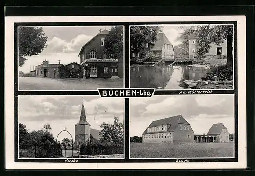 AK Büchen-Lbg., Einhorn-Drogerie, Kirche, Am Mühlenteich