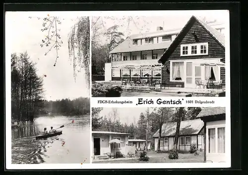 AK Dolgenbrodt, FDGB-Erholungsheim Erich Gentsch, Garten, Uferpartie und Boot