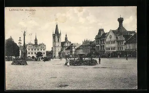 AK Leitmeritz, Ringplatz mit Denkmal und Brunnen