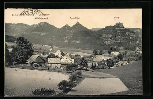 AK Dittersbach /Sächs.-Böhm. Schweiz, Teilansicht mit Wilhelminenwand, Marienfelsen und Rabstein