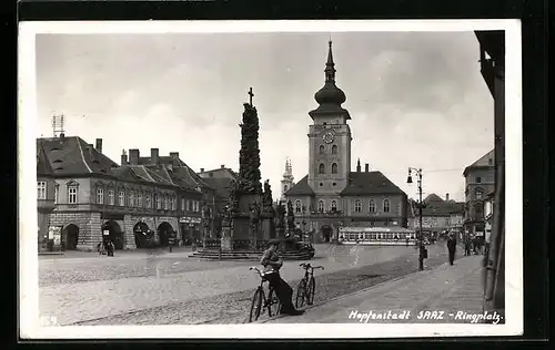 AK Saaz, Ringplatz mit Denkmal