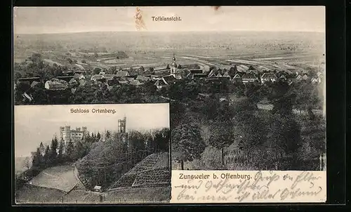 AK Zunsweier b. Offenburg, Totalansicht, Schloss Ortenberg, Bahnpoststempel