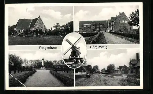 AK Langenhorn i. Schleswig, Friedhof, Denkmal, Windmühle