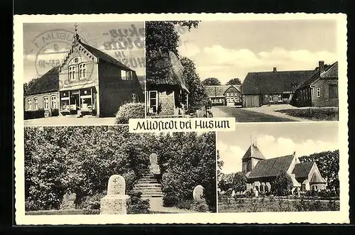 AK Mildstedt bei Husum, Geschäft, Kirche, Friedhof