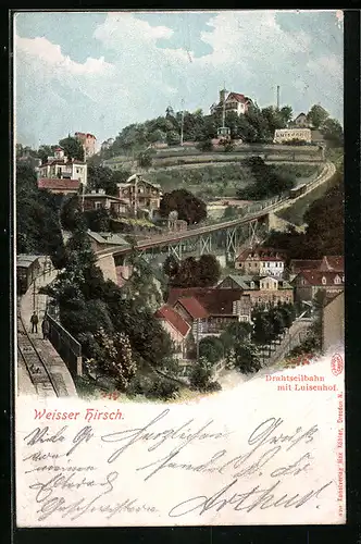 AK Weisser Hirsch, Gasthaus Luisenhof mit Drahtseilbahn
