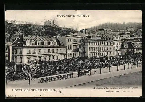 AK Karlsbad, Hotel Goldener Schild, Roscher`s Hotels