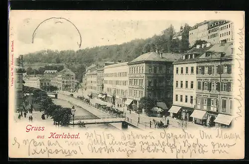 AK Karlsbad, Strassenpartie mit Brücke