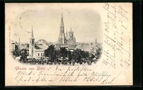 AK Bühl, Blick über die Stadt zur Kirche hin