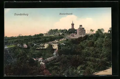 AK Brandenburg, Blick auf die Bismarckwarte, Ruinen im Vordergrund