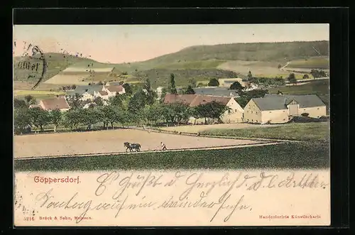 AK Göppersdorf, Ortstotale, Bauer mit Pferdepflug auf dem Feld