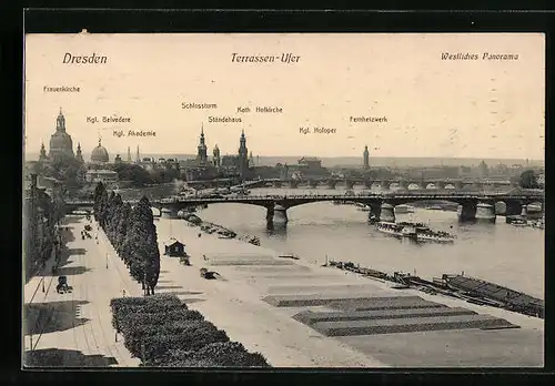 AK Dresden, Westliches Panorama mit dem Terrassen-Ufer, kath. Hofkirche, Schlossturm, Kgl. Belvedere und Frauenkirche