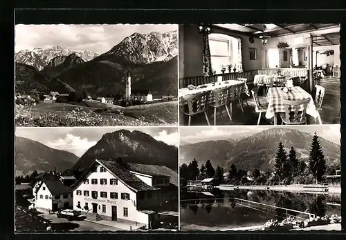 AK Pfornten-Ried, Talblick mit der Ortschaft und Kirche, Gasthof Pension Goldenes Kreuz