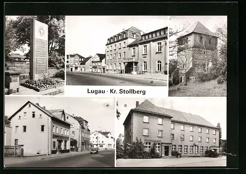 AK Lugau /Kr. Stollberg, VdN-Denkmal, Klubhaus Karl Liebknecht, Glockenturm, Stollberger Strasse, Sparkasse