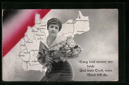 AK Frau mit Blumenstrauss und Karte des Deutschen Reiches