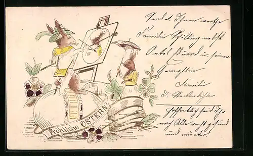 AK Fröhliche Ostern, Osterhase malt ein Portrait