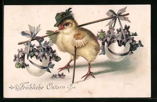 AK Osterküken transportiert Veilchen in Eierschalen