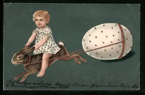 AK Kleines Kind mit Hasengespann, Ostergruss