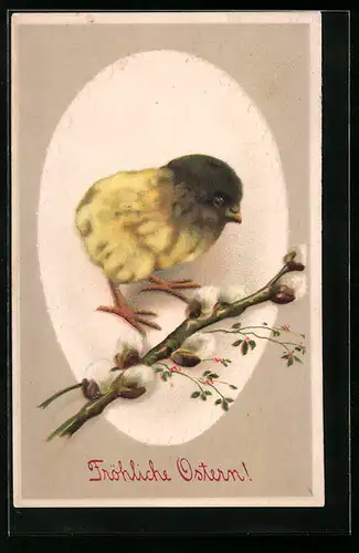 Präge-AK Osterküken mit Palmkätzchenzweig