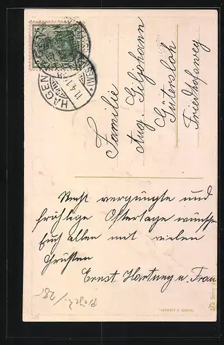 Präge-AK Osterküken mit Palmkätzchenzweig