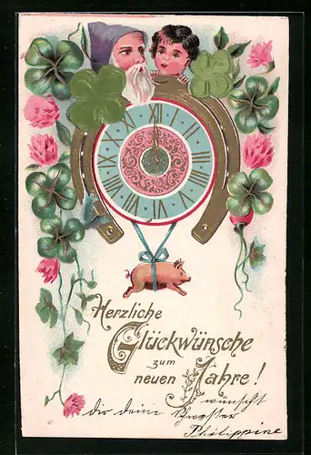 Präge-AK Hufeisen und Kleeblätter zu Mitternacht, Glückwünsche zum neuen Jahre