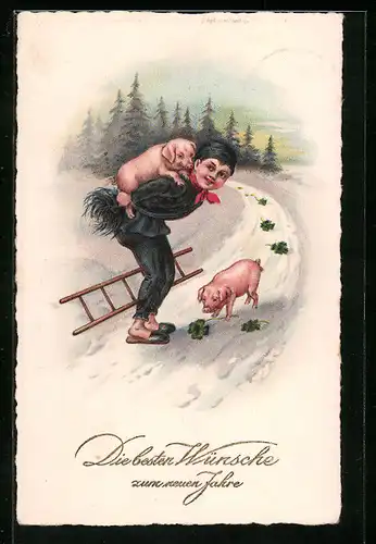 AK Schornsteinfeger trägt ein Glücksschwein auf dem Rücken, Die besten Wünsche zum neuen Jahre