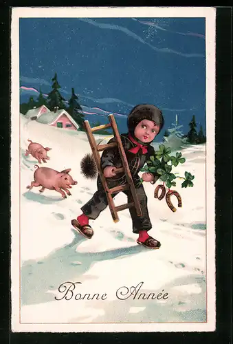 AK Schornsteinfeger im Schnee mit Schweinen