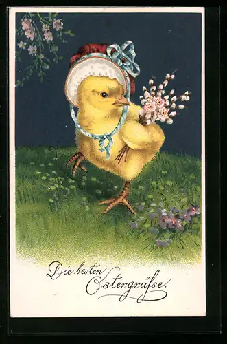 AK Osterküken mit Hut und Blumen