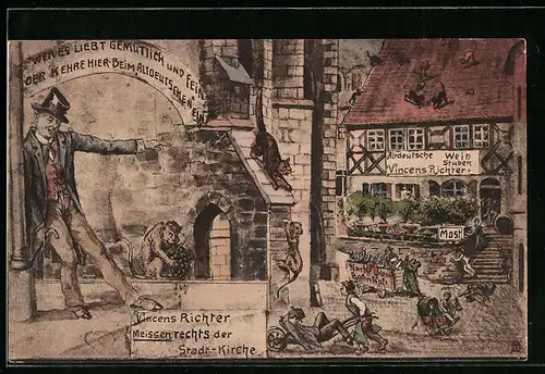 Künstler-AK Meissen, Gasthaus Altdeutsche Bier- und Weinstuben Vincens Richter, Betrunkener lehnt am Laternenpfahl