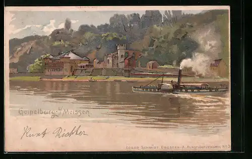 Lithographie Meissen, Geipelburg, Uferpartie mit Dampfer