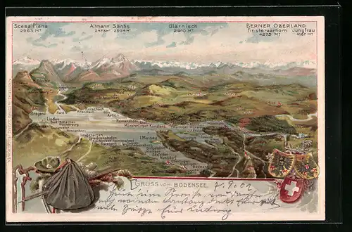 Lithographie Lindau, Landkarte vom Bodensee mit Wappen