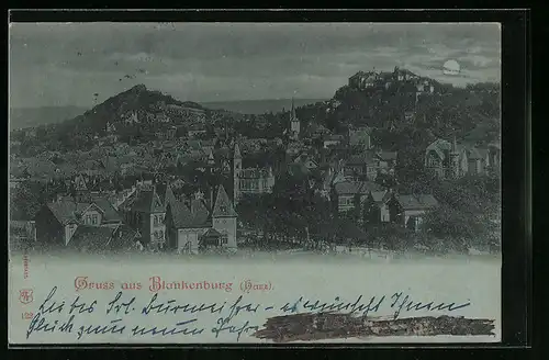 Mondschein-AK Blankenburg i. Harz, Totalansicht aus der Vogelschau