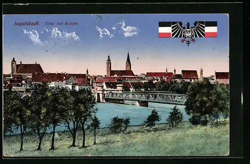 AK Ingolstadt, Totalansicht mit Brücke und Reichsadler