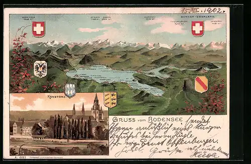 Lithographie Konstanz /Bodensee, Ortspartie mit Kirche, Panorama mit Lindau, Bregenz und Glärnisch