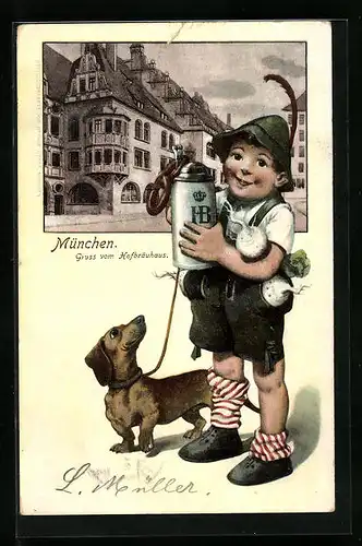 AK Münchner Hofbräuhaus, Bub mit Bierkrug und Dackel