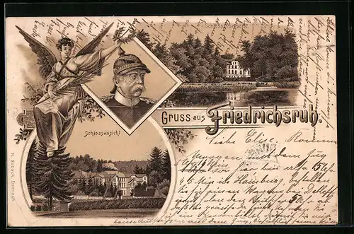 Lithographie Friedrichsruh, Schlossansicht, Schloss Parkseite, Otto von Bismarck