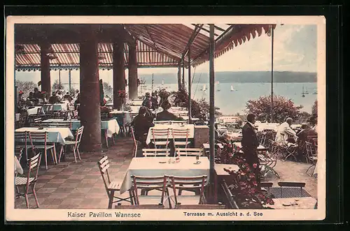 AK Berlin-Wannsee, Gasthaus Kaiser-Pavillon, Terrasse mit Aussicht auf den See