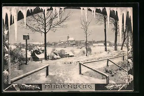 AK Marienberg, Ortspartie mit Kirche im Schnee
