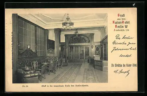 AK Berlin, Kaiser-Hotel, Friedrichstr. 178, Blick in die neuerbaute Halle