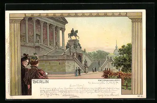 Lithographie Berlin, Nationalgallerie mit Denkmal