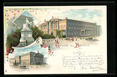 Lithographie Berlin, Palais Kaiser Wilhelm I., Königliches Opernhaus, Denkmal der Kaiserin Augusta