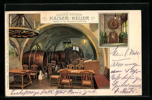 Lithographie Berlin, Gasthaus Kaiser-Keller, Friedrichstr. 178, Der Rosekeller, Innenansicht, Eingang