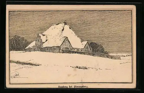 Künstler-AK Bamberg bei Simonsberg, Ortspartie im Schnee